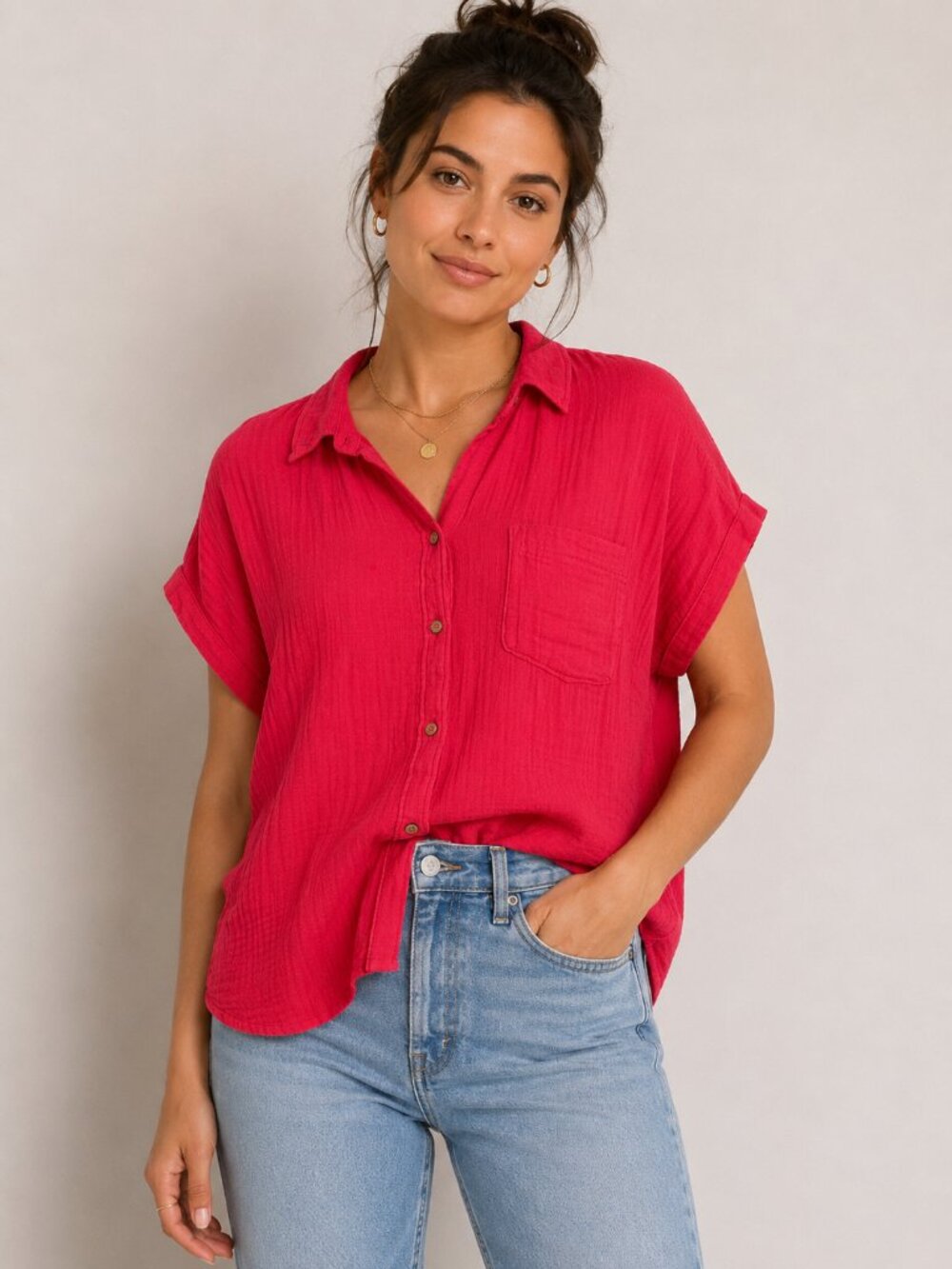 Old Navy Gauze Button Front Shirt Cosmic Rouge Pink L